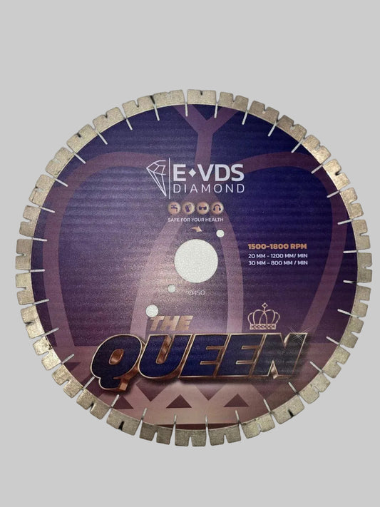 Diamond saw blade with 'E-VDS Diamond' branding and 'The Queen' text on a gray background